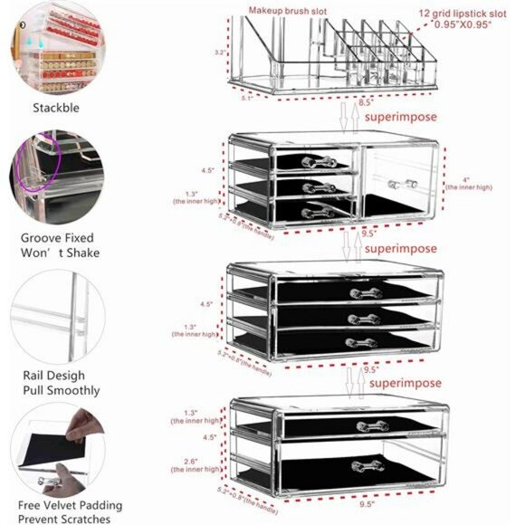 Clear Makeup Organizer Stackable 9 Drawer Vanity Storage for Skincare Jewelry - Picture 2 of 7